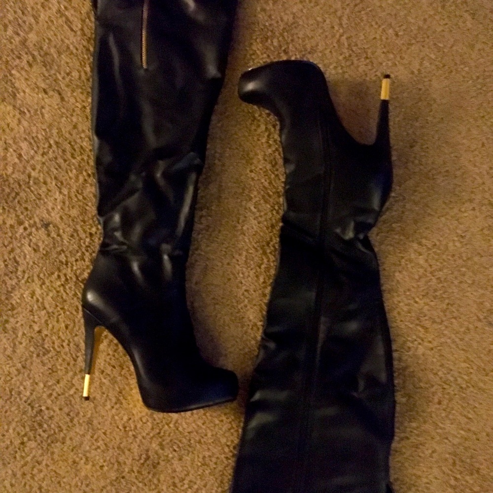 New Tall Black Leather Stiletto Boots